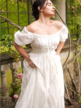 Bridgerton Style Off-Shoulder White Linen Maxi Dress with Smocked Bodice
